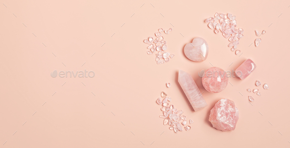 Healing reiki crystals therapy. Alternative rituals with pink quartz for meditation, relaxation - Stock Photo - Images