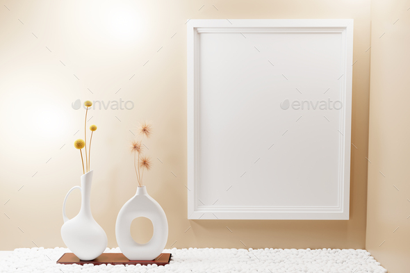 Portrait picture frame mockup on beige wall. 3d render - Stock Photo - Images