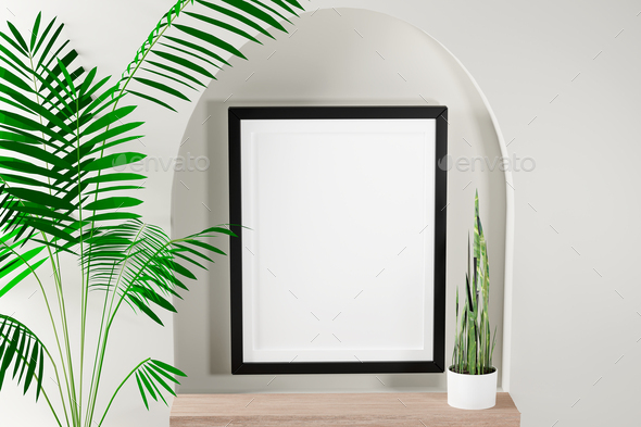 Portrait frame mockup with palm on white wall. 3d render - Stock Photo - Images