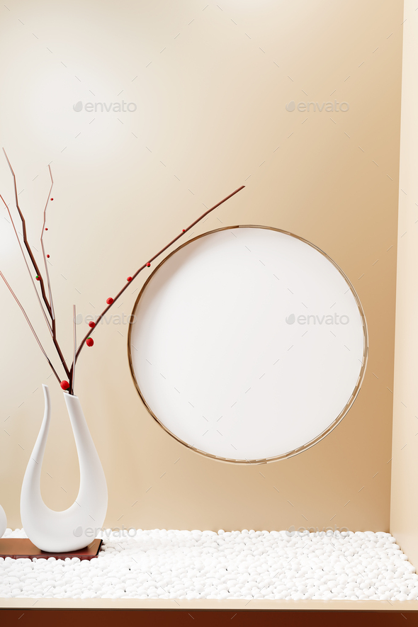 Portrait circle picture frame mockup on beige wall. 3d render - Stock Photo - Images