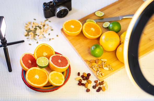 Mixed citrus, table ready to prepare photographic video content to share with social networks