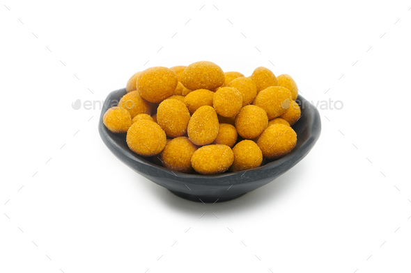 Fried Crispy Chilli Peanuts with Sea Salt and Pepper in a Black Bowl. Appetizer for beer. - Stock Photo - Images