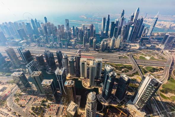 City downtown aerial view of Dubai skyscrapers at sunset Stock Photo by ...