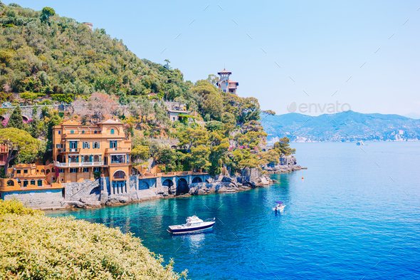 Beautiful sea coast with colorful houses in Portofino, Italy. Summer ...