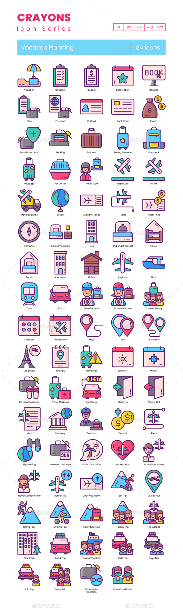 84 Vacation Planning Icons | Crayons Series
