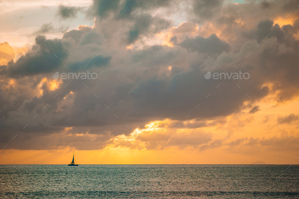 Amazing beautiful sunset on an exotic caribbean beach - Stock Photo - Images