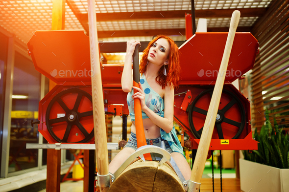 Red haired model sitting on wood sawmill with axe at store or household shop of working tools.