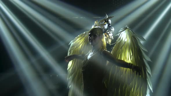 Silhouette of Dancing Greek Goddess Artemis with Wings on Stage in a Dark Studio with Smoke and Neon alt