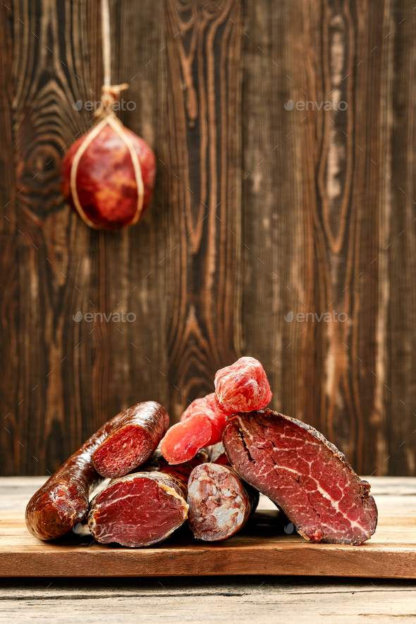 Air dried beef, pork, deer and turkey meat and sausage Stock Photo by