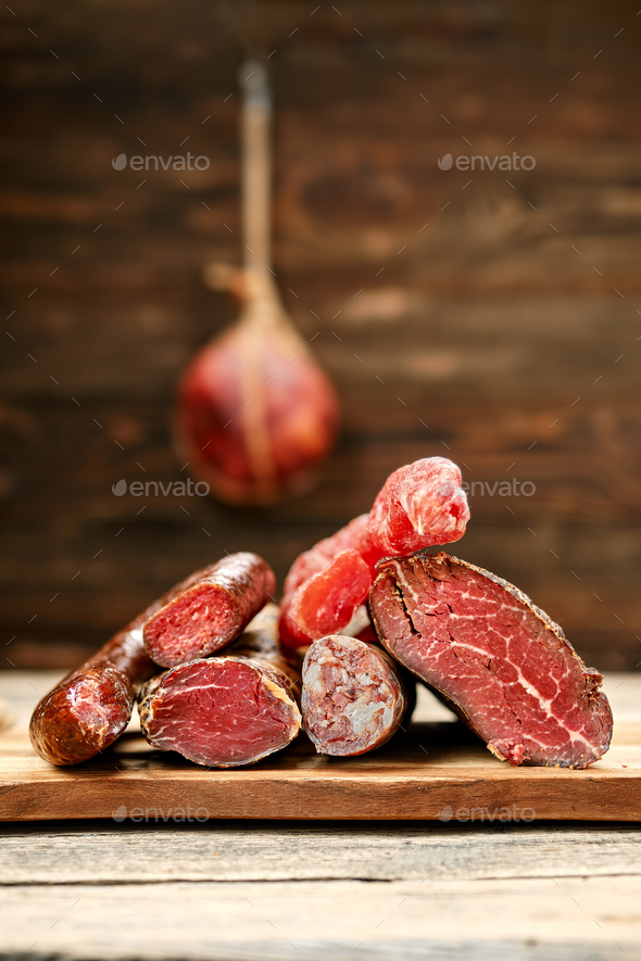 Air dried beef, pork, deer and turkey meat and sausage Stock Photo by