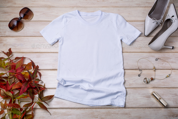 Womens white T-shirt mockup with high heels and grass - Stock Photo - Images