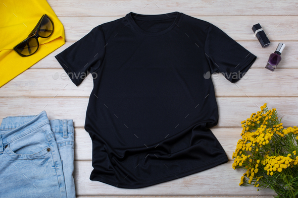 Womens black T-shirt mockup with yellow flowers - Stock Photo - Images