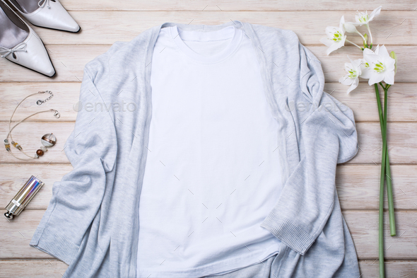 Womens white T-shirt mockup with gray cardigan and lily - Stock Photo - Images