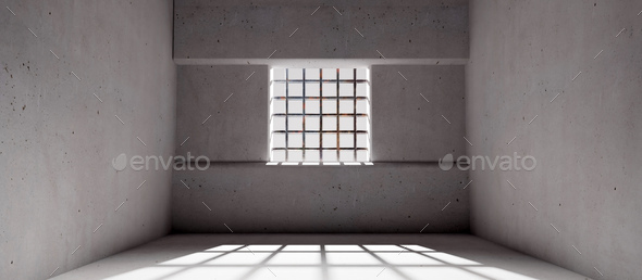 Empty jail with a window and prison bars, concrete walls and floor, dungeon interior. 3d render