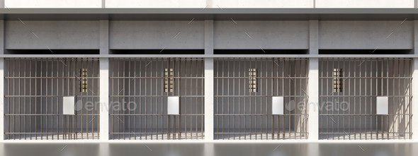 Prison cellblock, jail bar door locked, empty dungeon in a row, front view. Jailhouse. 3d render
