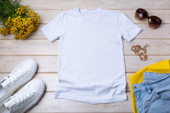 Womens white T-shirt mockup with yellow flowers - Stock Photo - Images