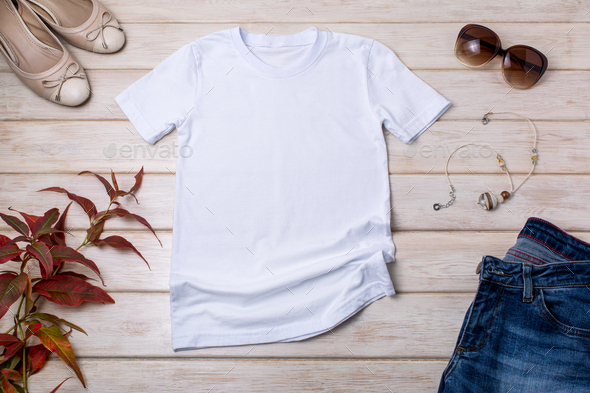 Womens white T-shirt mockup with beige heels - Stock Photo - Images