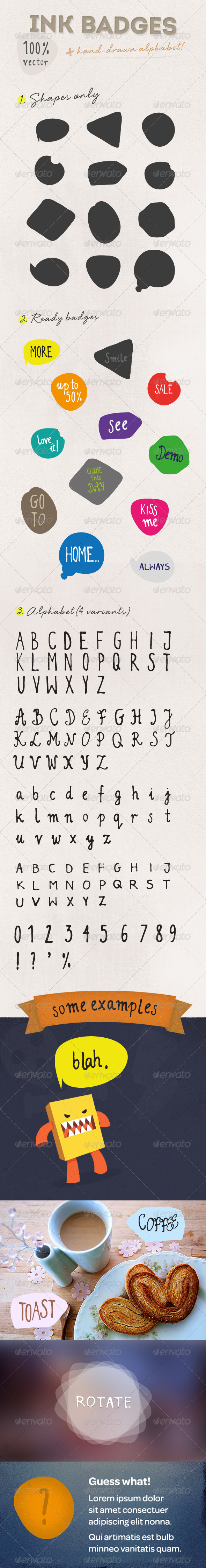 Ink Badges with Hand-drawn Alphabet - Decorative Vectors