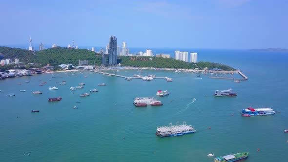 Aerial view of boats in Pattaya sea, beach in Chonburi, Thailand.