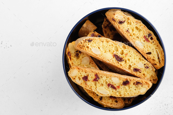 Homemade biscotti, Italian almond cookies with almond nuts and dried cranberry. Copy space