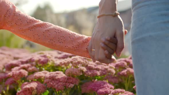 Mixed Race Mother and Daughter Holding Hands Over Outdoors Background alt