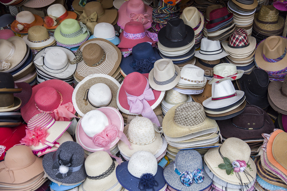 Colorful hats on marketplace