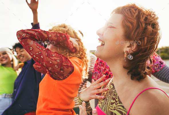Happy young people dancing outdoor at festival event - Party and entertainment concept - Stock Photo - Images