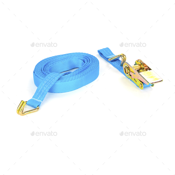 Car strop or strap in blue nylon and metal tie isolated over white background