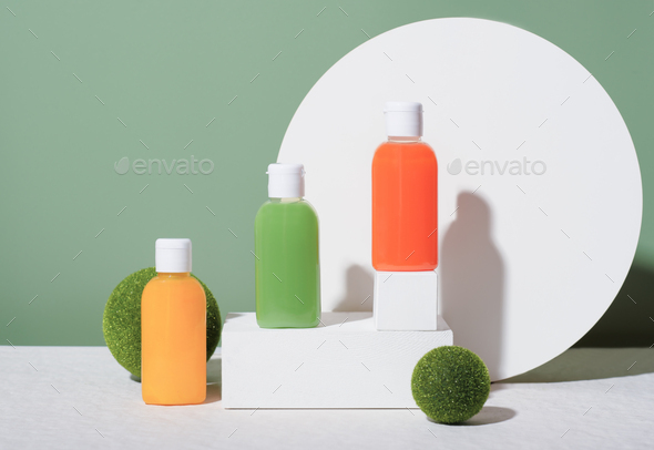 bright travel pack of hygiene product, mini package, travel toiletries, small  plastic bottles Stock Photo by Yulia_Panova