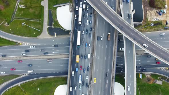 Drone flies over the road urban junction Highway in Moscow Bird's eye view