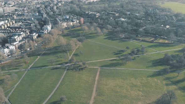 Fly over Hampstead Heath, sunny day in London United Kingdom