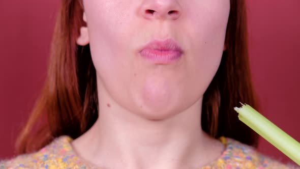 Portrait Young Woman Eat Vegetables. Dieting Eating Disorders and Weight Loss Concept. alt