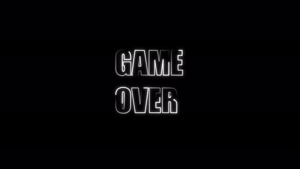 Game over neon letters glowing on a black background screensaver. White neon text
