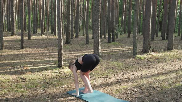 Flexible Fit Lady Practices Yoga Performs Surya Namaskar at Sunny Pine Forest