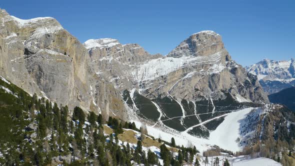 Aerial, Breathtaking View On Snowy Dolomites Mountains, Huge Peaks And Beautiful Winter Landscape