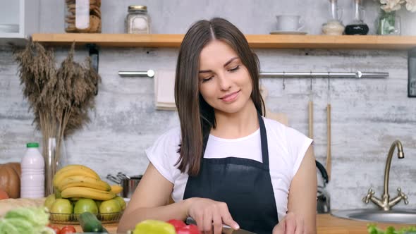 Portrait of Young Housewife Enjoying Cooking Healthy Food Posing Looking at Camera Zoom in Shot alt