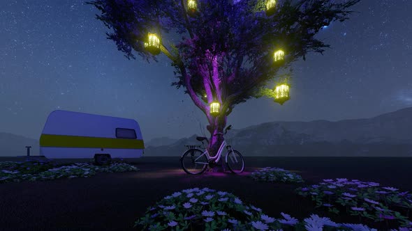 Illuminated Tree and Caravan Milky Way View
