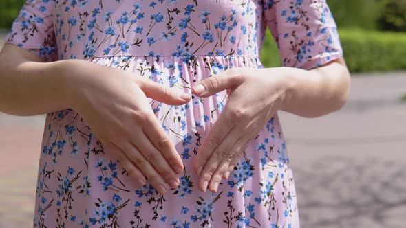 A Pregnant Woman in a Summer Dress with a Floral Print Stands in the Park and Folds Her Hands on Her alt