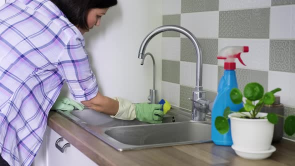 Woman Cleaning Double Chrome Sink in Rubber Gloves Using Spray and Sponge alt