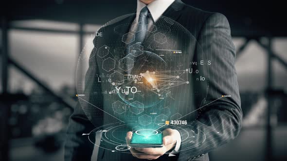 Businessman with Digital Land Hologram Concept alt