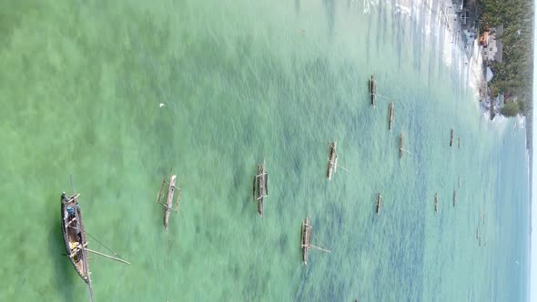 Tanzania Vertical Video  Boat Boats in the Ocean Near the Coast of Zanzibar Aerial View alt