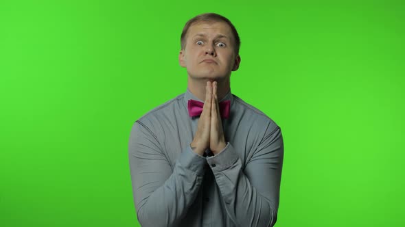 Handsome Man Hands in Prayer and Begging, Asking Permission Heartily. Apologize, Forgive. Chroma Key alt