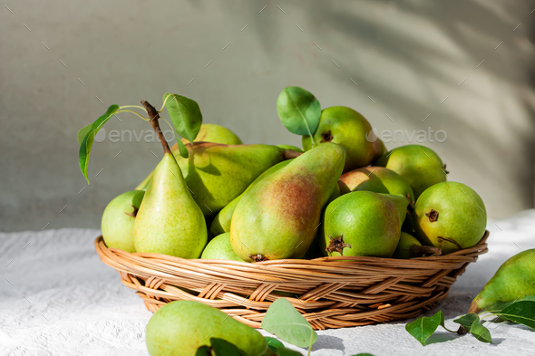 Fresh organic ripe pears with leaves in the wicker basket on gray