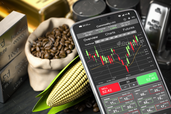 Smartphone and commodities. Stock exchange market trading platform on the screen of mobile phone.