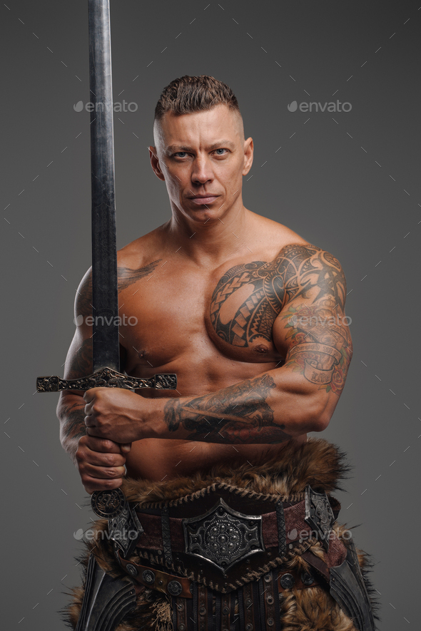 Muscular Warrior With Naked Torso Holding Sword Against Gray Background Stock Photo By Fxquadro