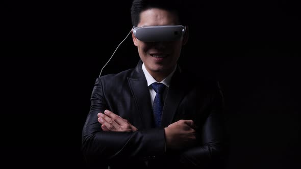 Business man wearing smart glasses alt