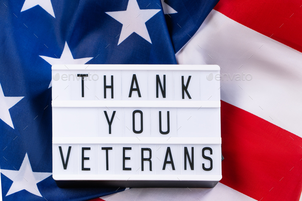 American flag and inscription Thank you veterans on white background.