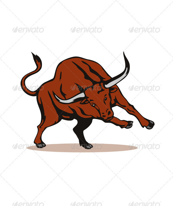 Texas Longhorn Bull Attacking Retro - Animals Characters