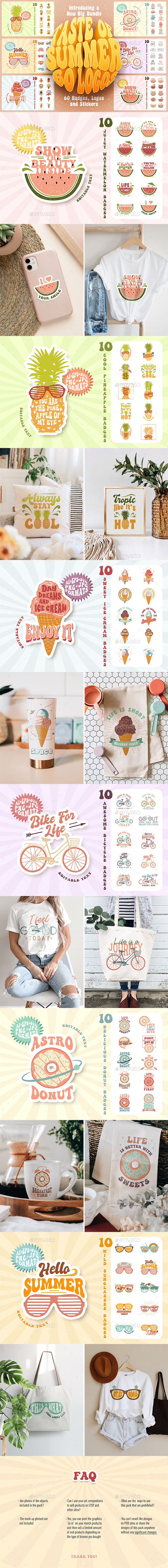 Taste Of Summer. 60 Groovy Stickers & Logos