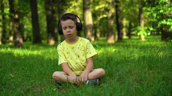 Boy listening to music sitting on the grass in the park alt